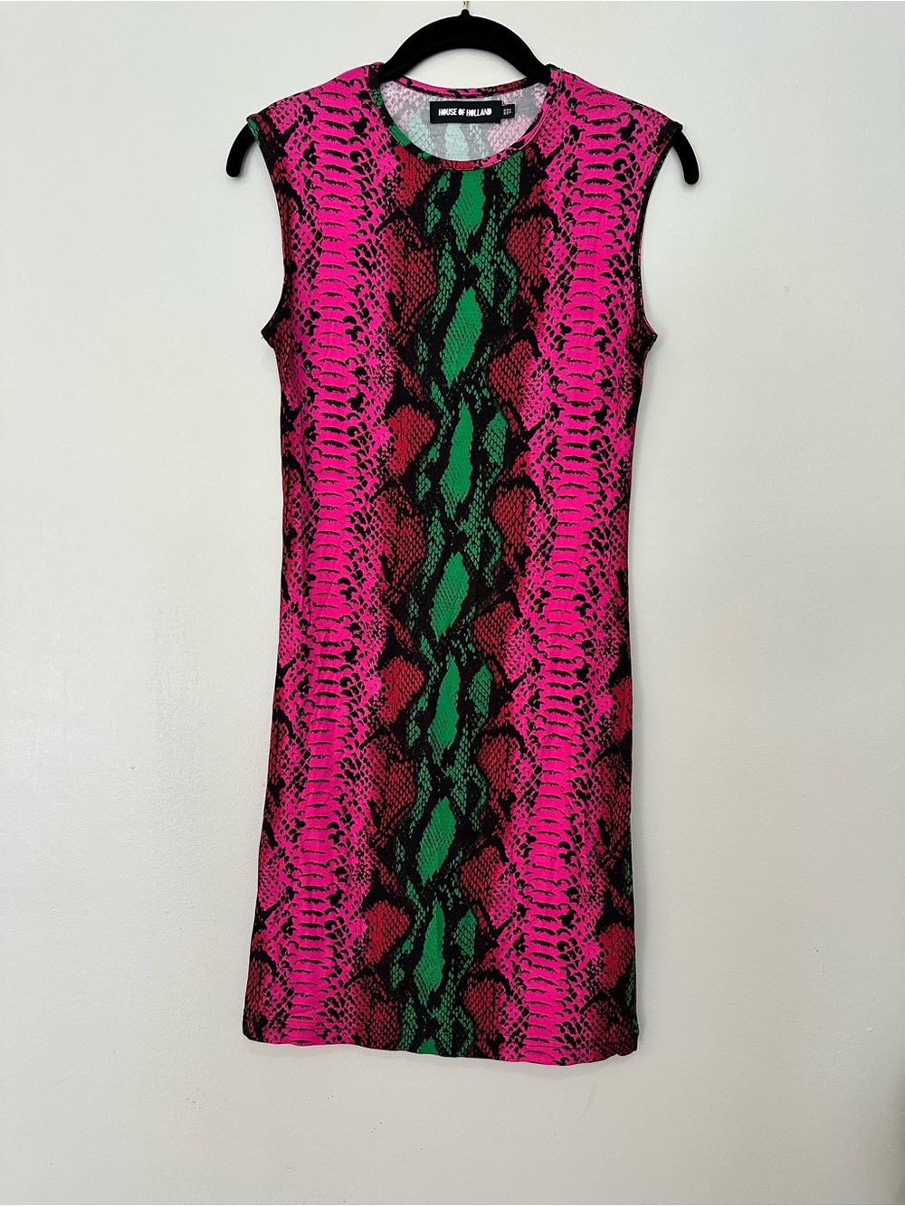 House of Holland Snake Print Pink Green Dress Sleeveless Jersey Bodycon Sz 6 - Picture 1 of 6